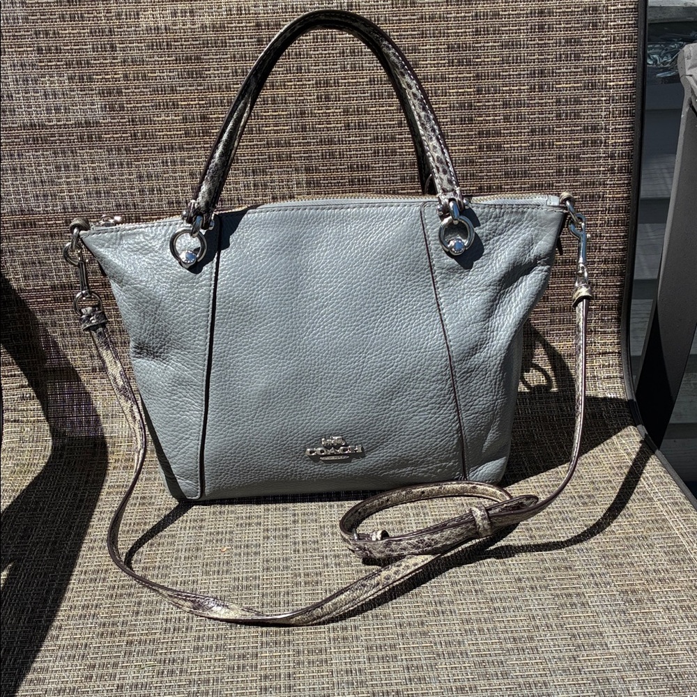 Coach Light Blue Pebbled Leather Shoulder Bag with Snakeskin-Trim